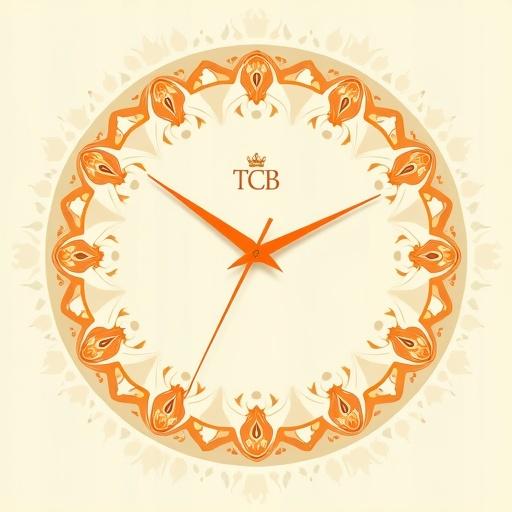 Minimalist circular clock face with subtle Rajasthani peacock feather patterns integrated into the design. Clock hands are saffron and terracotta tones. TCB monogram in the center. Background has a soft ivory gradient with faint geometric lines. Style is flat vector illustration and scalable to small sizes.