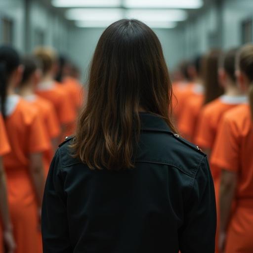 Serious looking female officer stands in front of female inmates. Officer wears professional black outfit. Inmates dress in orange and white stripes and are chained. The setting is a prison.