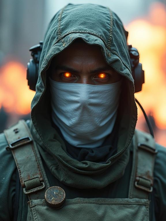 A character inspired by video games wearing a hood and headphones. Face covered with a white sheet with eye holes. Glowing orange eyes. Background features explosions in a warzone setting. Cinematic view.