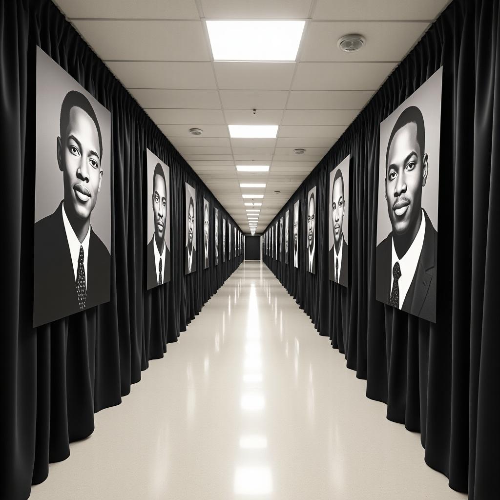 This image features a long, wide hallway flanked by black and white drapes. The walls display black and white portraits of African American graduates. The setting emphasizes the achievements of these individuals in an academic context. The bright fluorescent lighting enhances the visuals, creating a sense of honor and celebration. This scene conveys a powerful message about diversity and educational success.