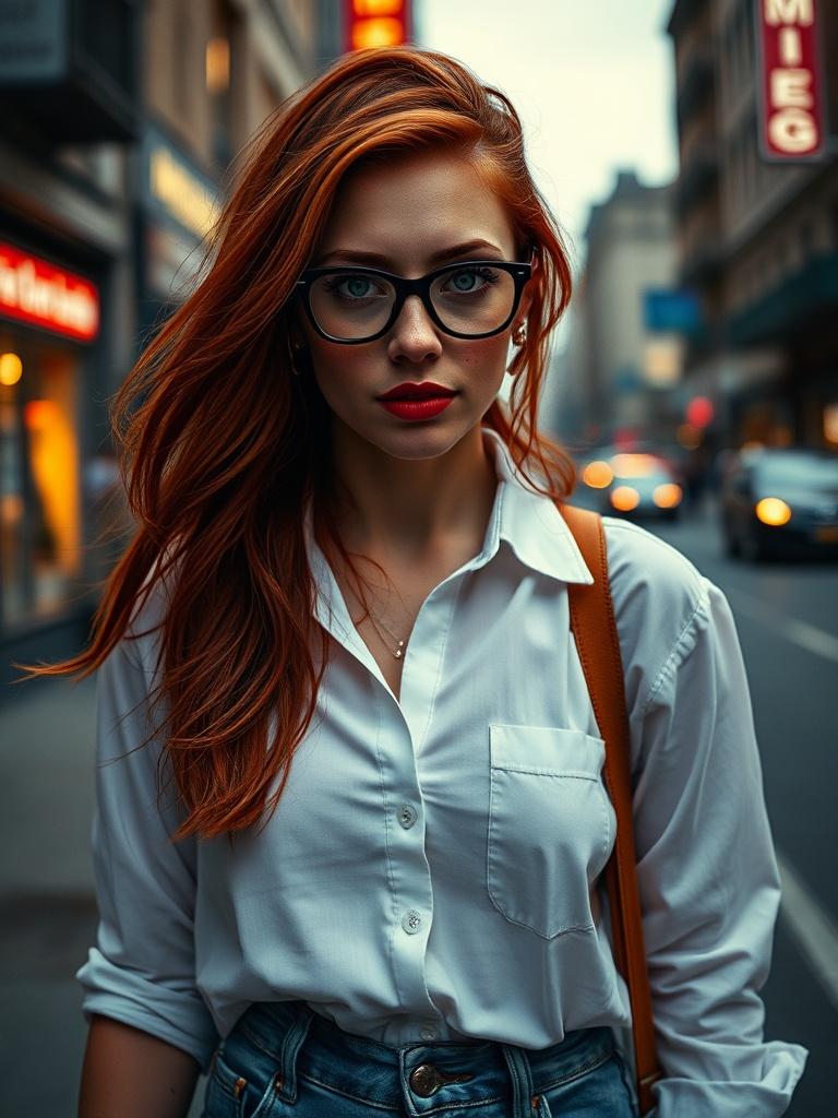 A young woman with striking red hair and glasses stands confidently in an urban street setting. Her white shirt and high-waisted jeans contrast with the vibrant city lights and blurred background of busy traffic. The image captures a mixture of calm and intensity, emphasizing her poised and modern urban lifestyle.