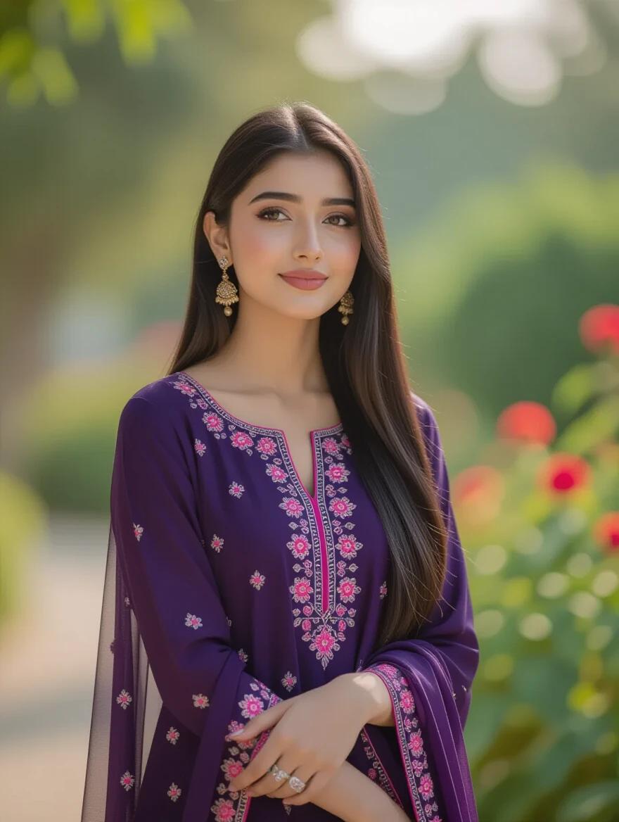 18-year-old Bangladeshi girl with long black hair in a dark violet salwar kameez. Delicate pink embroidery and matching dupatta. Soft dreamy smile conveying romance. Gazing slightly upward with a wistful expression. Singing with a soft voice in a garden setting.