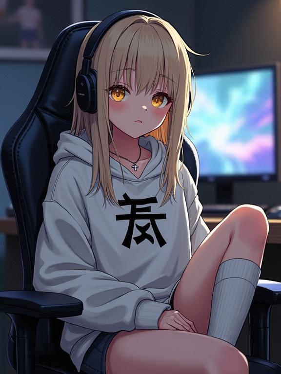 Anime character with porcelain skin and small nose. Soft body with small breasts and thick thighs. Long messy medium ash blonde hair and golden yellow eyes. Wearing a baggy white hoodie with Tokyo Ghoul Kanji and knee-high socks. Leaning back in a gamer chair, looking at viewer in a dimly lit room with a PC setup.
