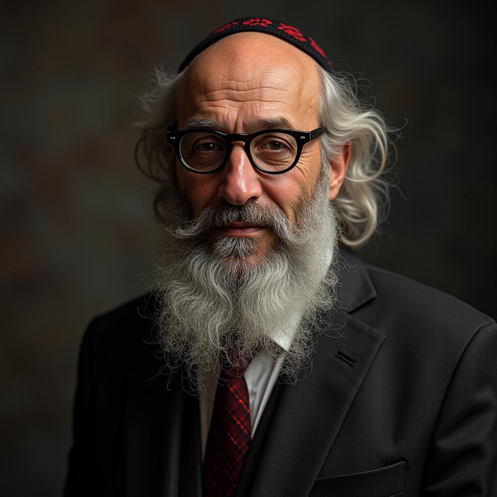 Image depicts a rabbi in a formal suit with a significant beard. The figure is portrayed in a thoughtful demeanor. The background is soft and blurred while emphasizing the rabbi's presence. The image aims to represent themes of addiction and personal struggle through expression and attire.