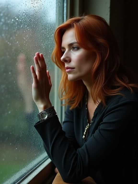 A mature woman with copper hair gazes thoughtfully out the rain-fogged window. Hand rests gently on the glass, raindrops create a blurred view outside. The ambiance is tender and melancholic.