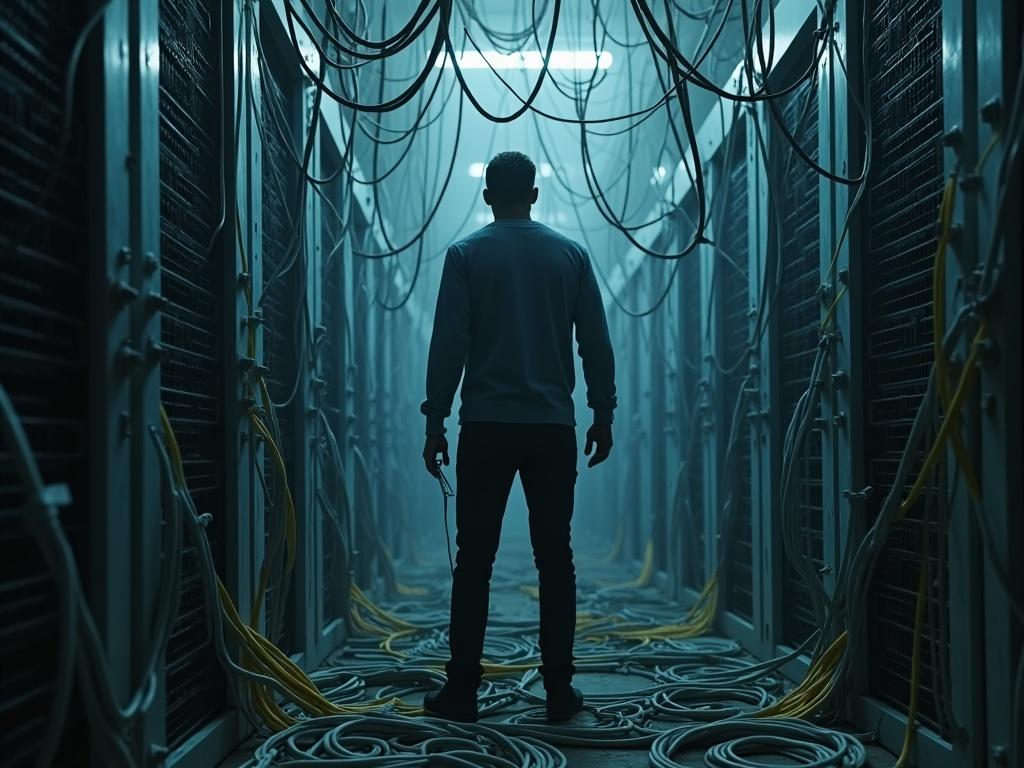 Nick Kitchener stands among a tangled mess of cables in a dimly lit corridor surrounded by server racks.