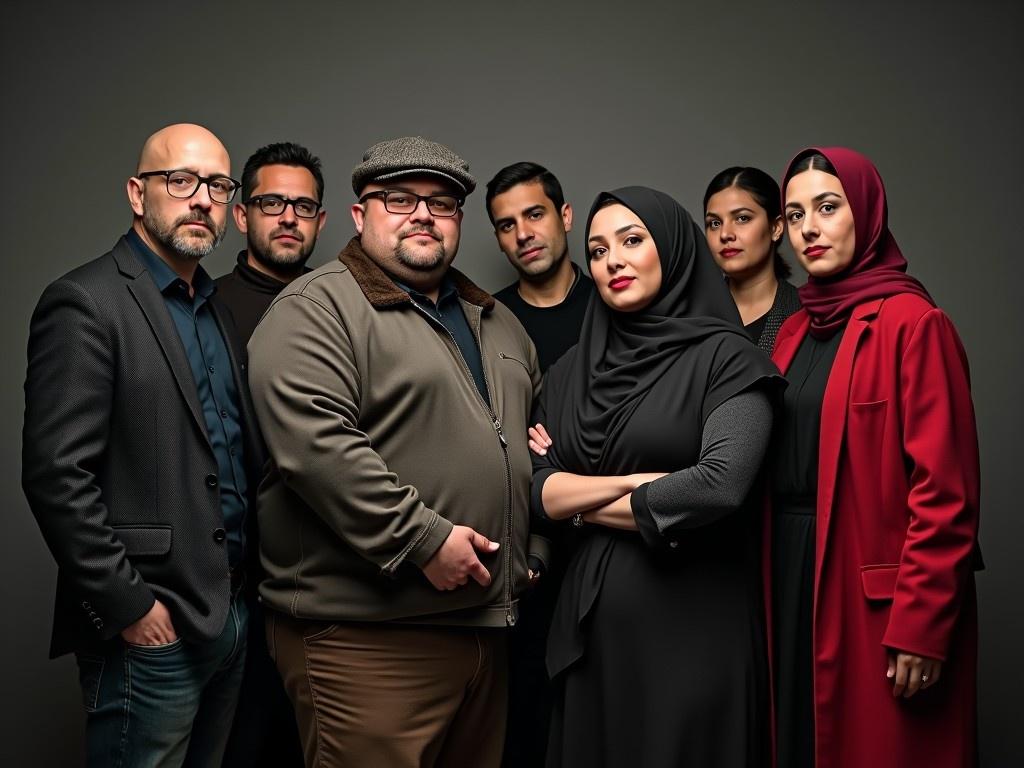 A diverse group positioned together in a gangster-themed studio photo. The couple leads the group, symbolizing strength and unity. The husband, who is overweight, sports a newsboy hat, while his wife wears a stylish hijab. Surrounding them are six dynamic members: three men showcasing distinct traits and three adventurous women who each have unique personalities. The lighting and angle enhance the dramatic effect, capturing the essence of a modern representation of group dynamics. The setting exudes an urban vibe, mixing culture and character in one frame.