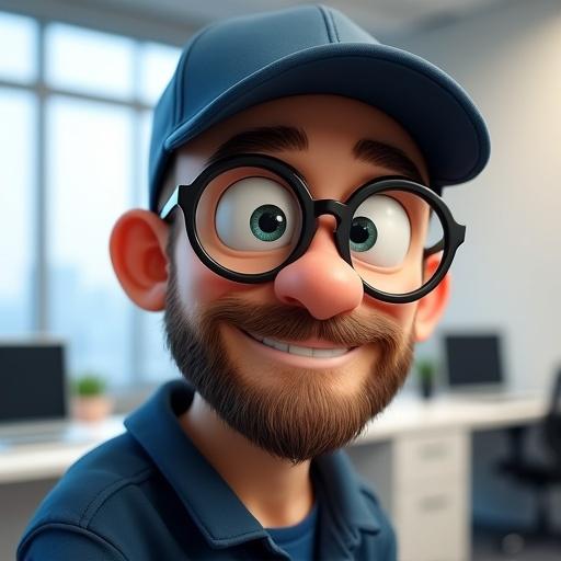 Cute portrait of a man with a dark blue cap and glasses Large cartoony eyes and exaggerated face expressions Bald with unshaved beard Bright office background with big window and white desks Photorealistic quality with artistic flair Lighthearted humorous mood