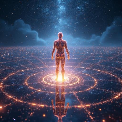 Photorealistic conceptual illustration of a human figure at the center of a quantum system. The figure is transparent showing an internal network of glowing bio-quantum circuits. Surrounding abstract luminous fields represent different layers of a complex architecture. Streams of quantum information flow through the figure and influence the environment, visualized as shimmering patterns. The aesthetic is futuristic and ethereal, with deep blues, purples, golds, and glowing light effects. High detail.