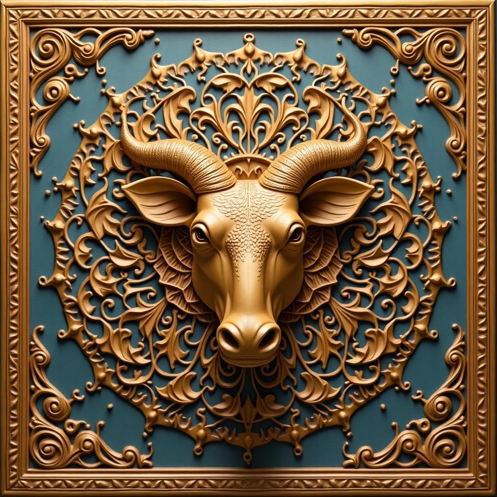 A stunning golden relief sculpture of a bull's head at the center. The bull is surrounded by an intricate, ornate pattern. The background is a vibrant turquoise, adding depth. Ideal for an artistic display or home decor.