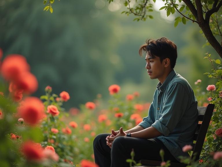 A man with short black hair sits alone in a tranquil garden surrounded by blooming roses. He appears contemplative and distant. The garden is filled with vibrant flowers under soft natural light. The scene conveys nostalgia and a sense of loss.