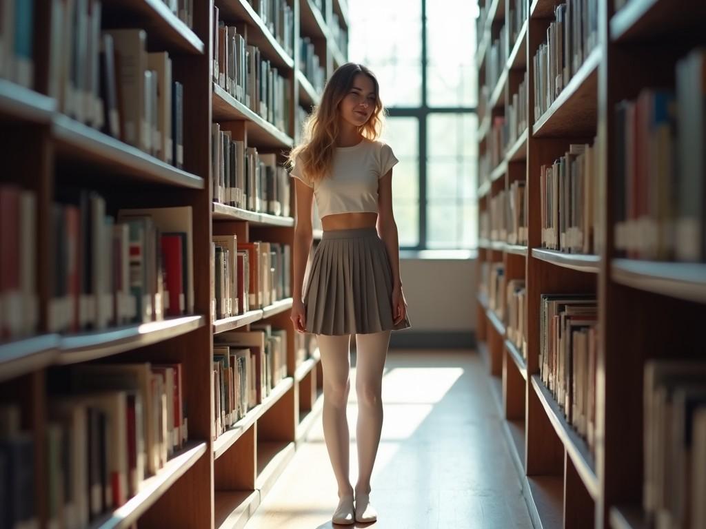 A young woman standing in a library aisle, surrounded by books