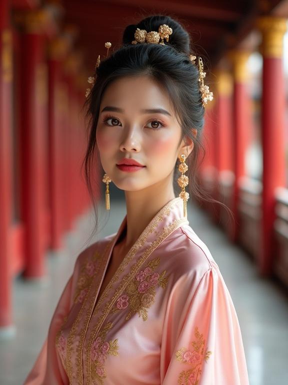 An elegant Asian woman has porcelain skin. She has glowing cheeks and pink blush. Large brown eyes with a confident gaze. Dark brown hair styled in an intricate updo. Golden floral hair accessories and tassels. Wears a luxurious shiny pink silk dress with gold embroidery. Note dress has floral designs with flowing sleeves. Fitted bodice enhances her figure. Her pose is graceful and poised. Background shows ancient Chinese temple with red pillars and golden lighting. Photo captures her figure in frame. Flash photography is slightly overexposed and unedited. Visible lens dust and film grain evoke a nostalgic early-2000s vibe.
