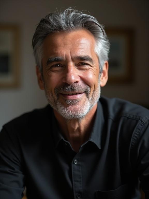 Handsome man in his 40s talking to the camera. He has gray hair and wears a black shirt. Background shows a room setting. His expression is friendly and engaging.