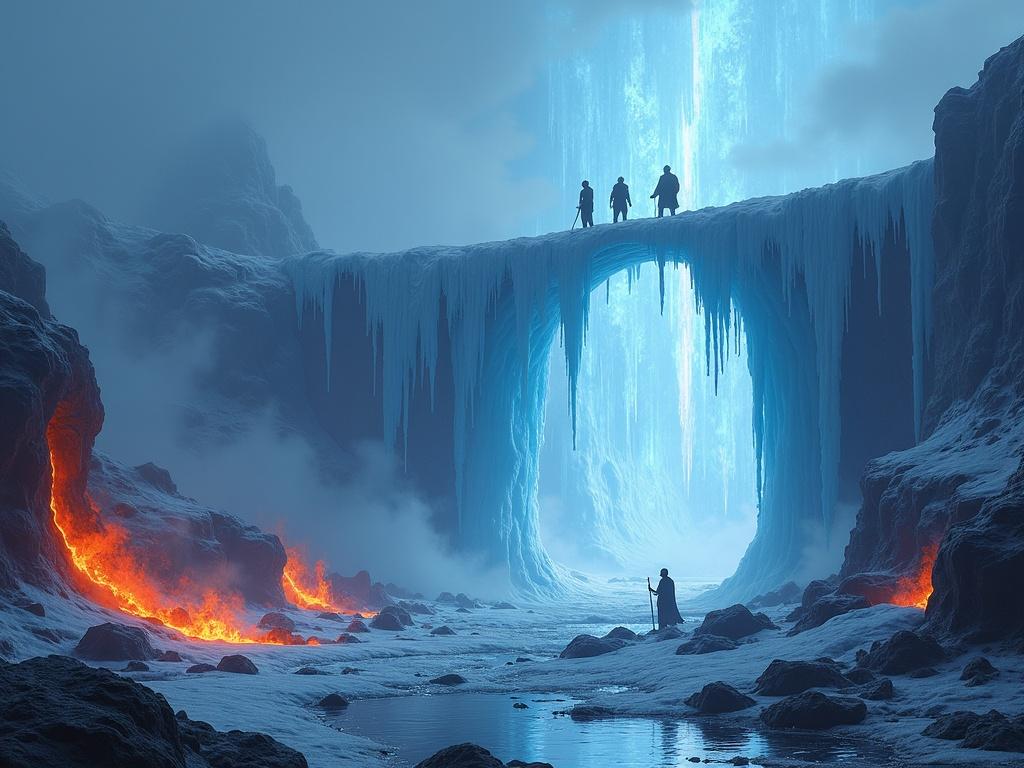 Explorers search for artifact. They cross an ice bridge. Below are rivers of molten lava. Ice columns and blue flames rise. Mist hides volcanic creatures.