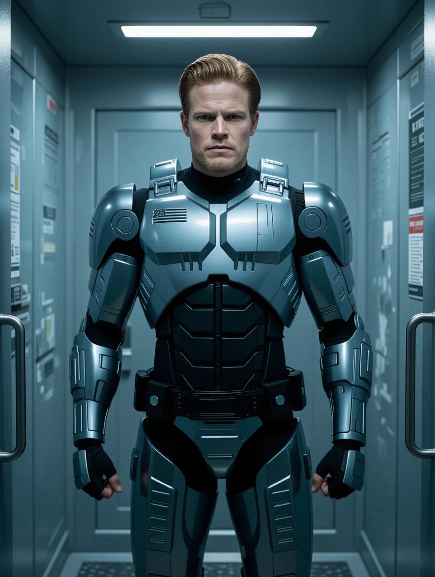 Sam Heughan in a futuristic conversion chamber dressed in a high-tech RoboCop suit. The suit showcases a massive muscular build. The environment is a sleek metallic elevator with bright lights.