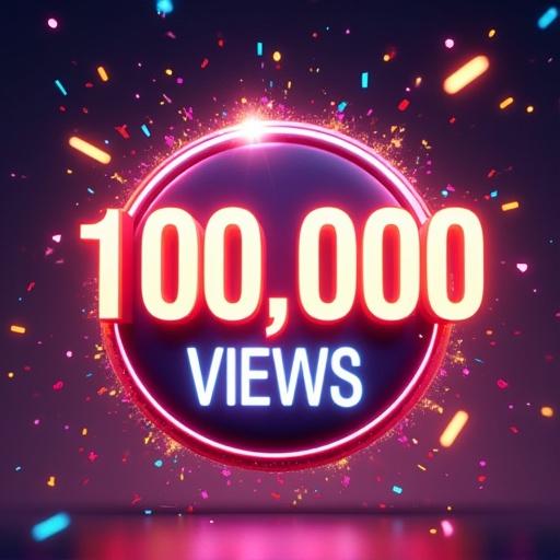 Vibrant digital artwork featuring a glowing '100,000 views' badge surrounded by colorful confetti and sparkles. The artwork symbolizes excitement and achievement in a modern social media context.