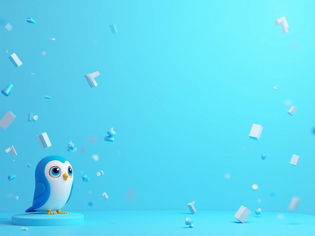 Minimalist design with Owl mascot on the left. Geometric patterns create movement. Quiz-related icons float in a blue gradient. Subtle sparkles in the background. Plenty of negative space for clarity.