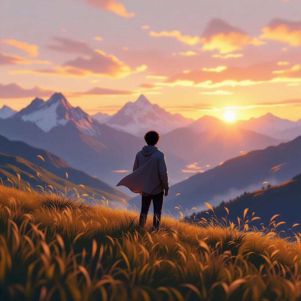 A man stands on a grassy hill at sunset. His back is turned, facing majestic mountains. The wind moves the grass and his clothes. Scene is cinematic with warm, golden lighting. High detail, anime style with soft atmospheric effects. Sense of peaceful solitude.