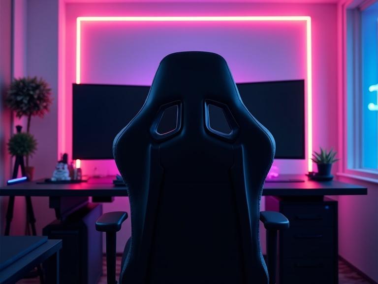 A gaming room seen from behind the chair. High-end gaming chair is in front of a modern gaming desk. On the desk are two large black screens. Room has neon LED lights along the ceiling. Atmosphere is immersive and futuristic. Scene is clean and organized with tech-inspired aesthetic.