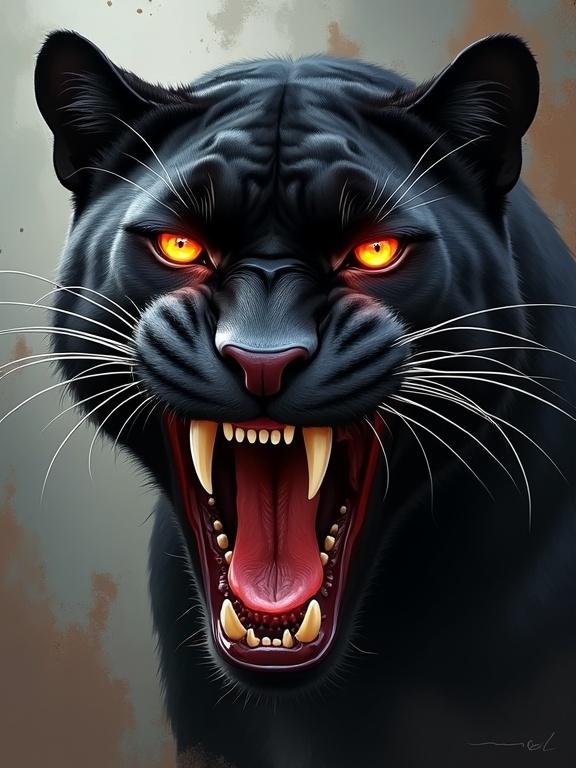 A panther with a half burnt face, revealing flesh and scars, showing wounds, with intense and angry eyes, mouth open showing teeth in a ferocious manner, created as a digital painting and concept art.