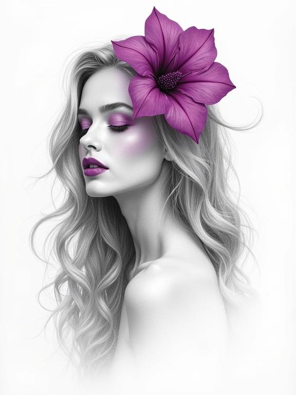 Highly detailed pencil drawing of a young woman in profile with long flowing hair. Hair cascades like petunia petals. A large petunia bloom is positioned at the temple. Shading creates depth and contrast. The mood is romantic and elegant with subtle swirling background effects.