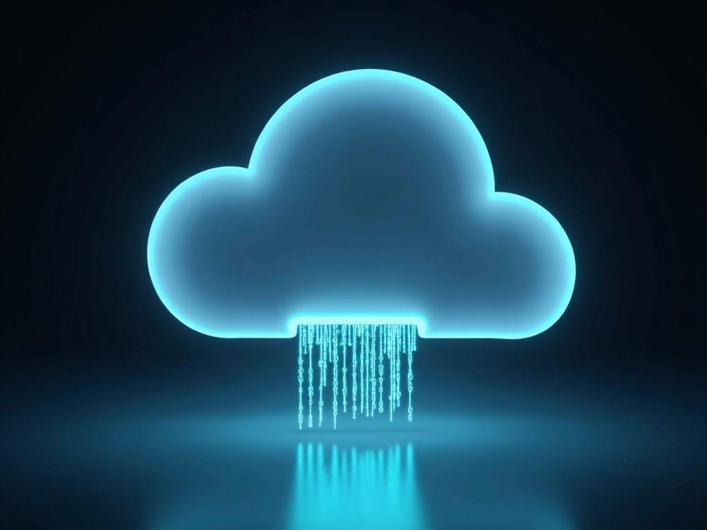 The image features a stylized representation of a cloud, illuminated in a glowing cyan color. Beneath the cloud, vertical lines resembling data or digital information are cascading downwards, creating a visual of data flow. The background is a deep black, which enhances the brightness of the glow. This design conveys themes of technology and cloud computing, making it ideal for tech-related contexts. The overall look is sleek and modern, appealing to digital audiences.