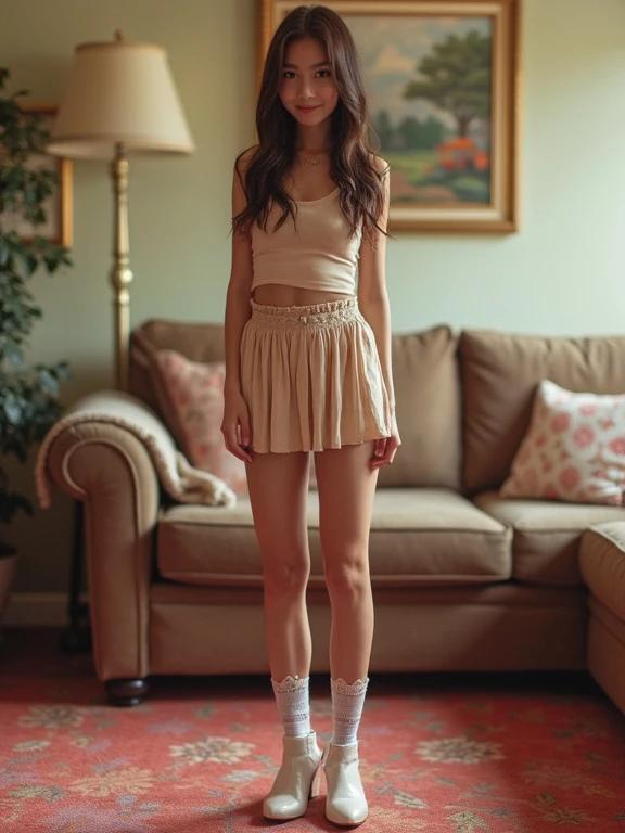 Image depicts a young woman in a crop top and mini skirt standing in a living room. She wears high heels and thigh-high socks with lace details. The living room features a colorful carpet and a warm, inviting atmosphere.