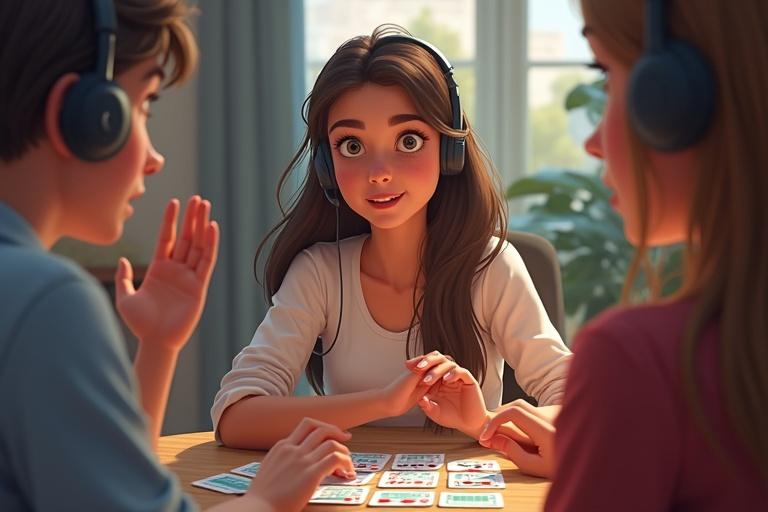Scene showing young woman with headset engaging in a card game with friends. Characters show strategic gestures. Table with cards visible.