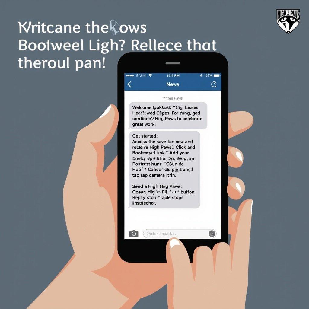 Create an illustration of an iPhone showing a text message about High Paws Recognition Program for Great Wolf Lodge. Include a hand holding the phone. The message details the program and steps to get started.