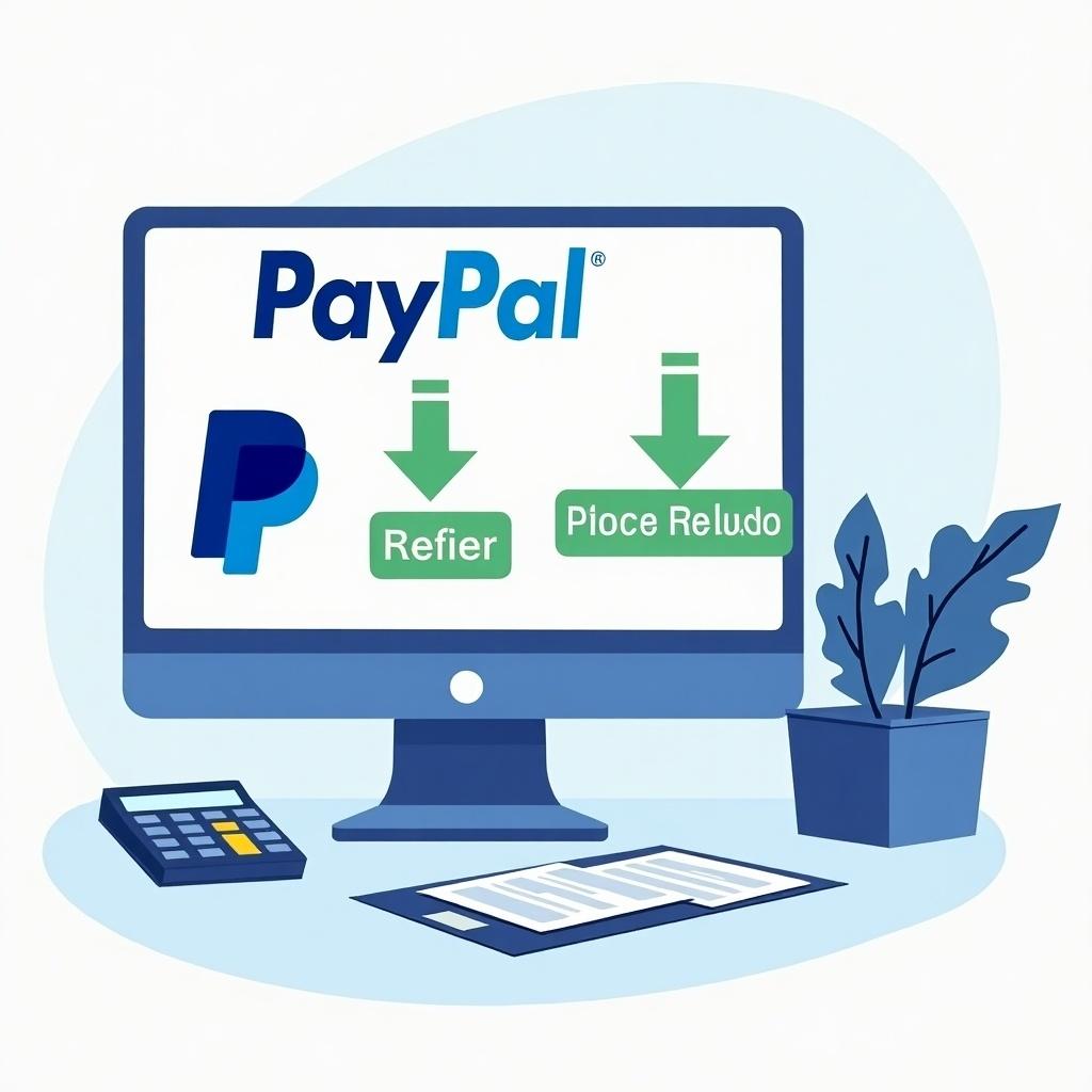 PayPal refund depicted. Illustration shows a computer with PayPal logo. Interface displays refund options. Desk includes calculator and plant. Clean layout and modern design.