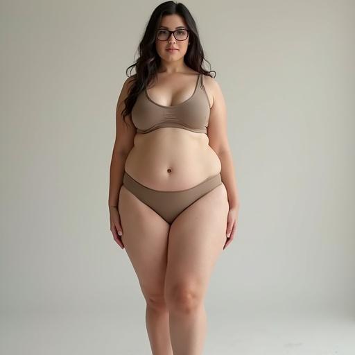 Full length shot of a woman. She is curvy and soft. Long face and dark brown shoulder-length hair. She wears a sports bra and matching underwear. Arms at her side. Visible torso and legs. Eyeglasses and piercings on face. Pale complexion and no makeup.