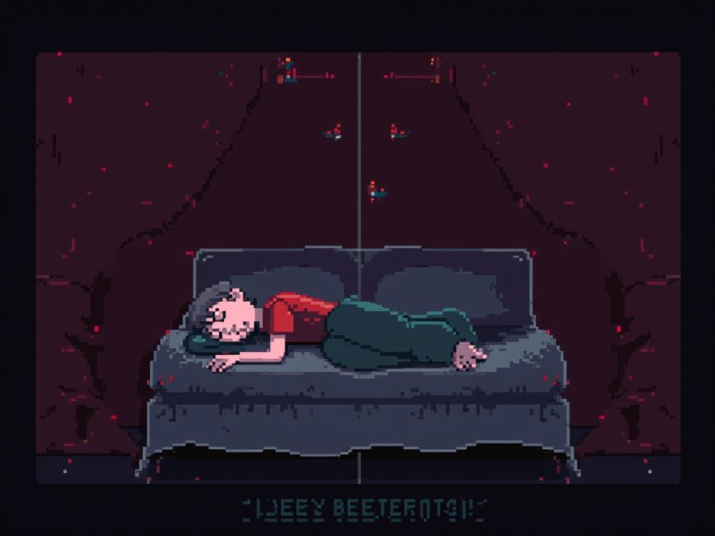A person lying on a couch in a dim room. The atmosphere feels heavy with a sense of paralysis. The setting appears dreamlike and surreal. The character shows a look of distress or discomfort. Background elements heighten the sense of dread.