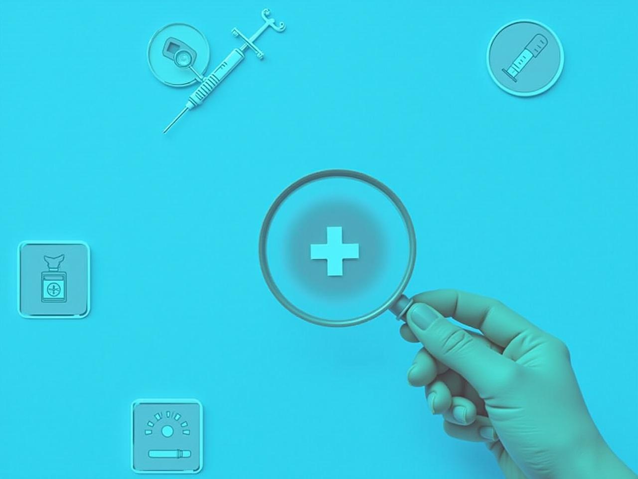 The image shows a blue background with various healthcare-related icons scattered around. In the center, there is a magnifying glass held by a hand, which is focusing on a medical cross symbol. The magnifying glass slightly enlarges the cross symbol, indicating its importance. The surrounding icons include pills, a syringe, and a stethoscope, emphasizing health and medicine themes. Overall, the composition creates a clean and professional look, ideal for health-related topics or medical discussions.