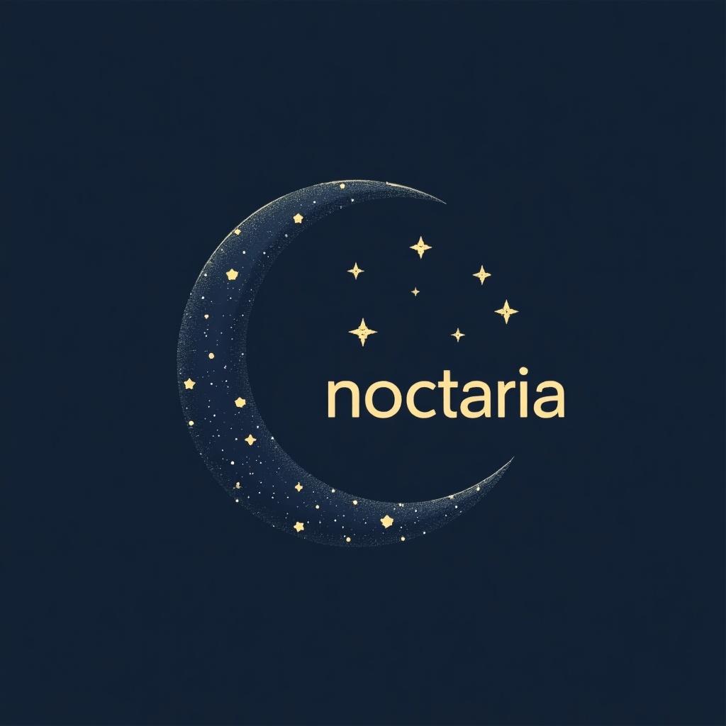 Create a logo that evokes the word noctaria. Features a crescent moon with stars in a simple design.