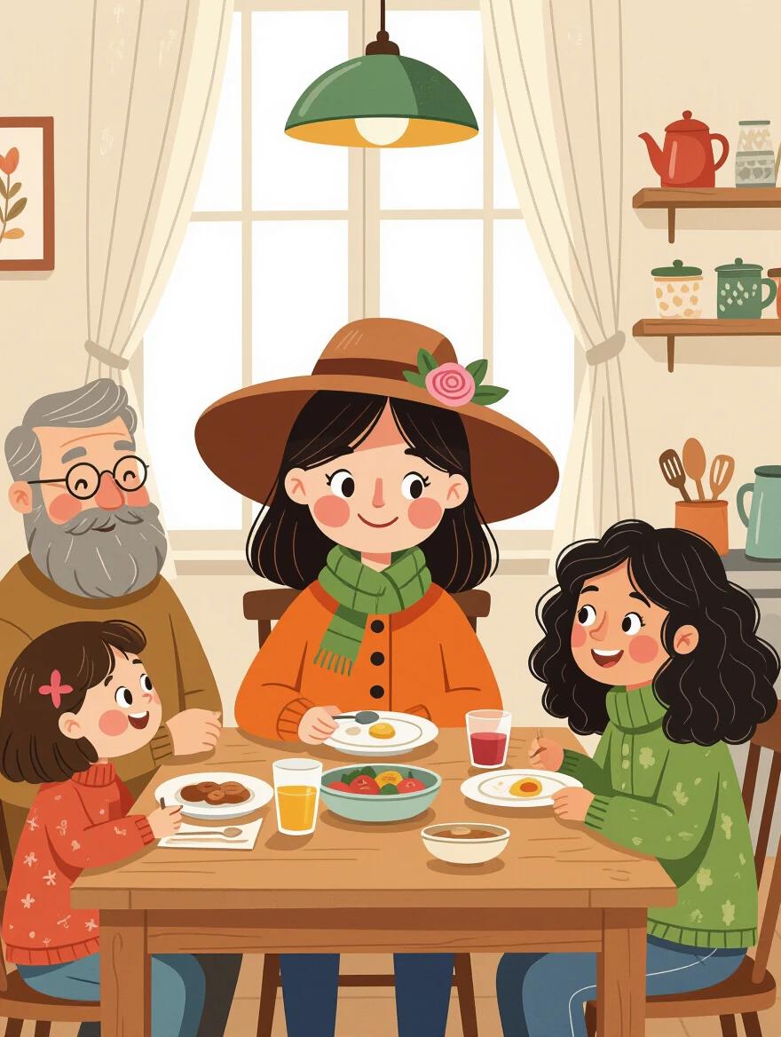 Create a warm illustration of a cozy family dinner scene. A 10-year-old girl with black hair sits at a wooden table. She wears a brown hat with a pink rose and green ribbon, an orange coat, and a green scarf. Around her are smiling family members with plates of food. A red kitten with a white belly is watching. The room has soft lighting and beige walls.