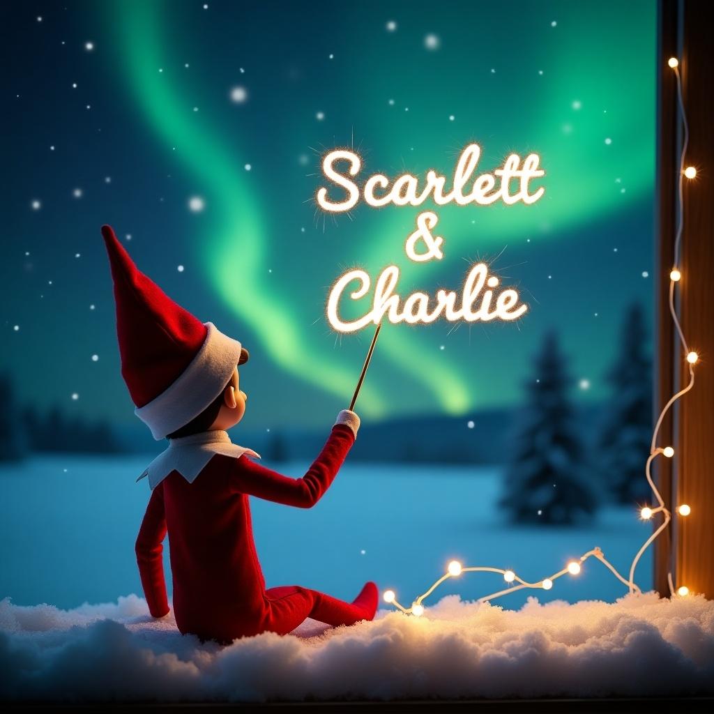 This image showcases an elf on the shelf positioned with its back to the viewer, facing up towards a beautiful dark sky filled with vibrant northern lights. With a magic wand in hand, it is elegantly writing the names Scarlett and Charlie in sparkling letters against the backdrop. The snowy ground adds a serene touch to the magical scene. The overall atmosphere is filled with wonder and holiday joy, perfect for capturing the essence of Christmas. The elf, dressed in a traditional red outfit, enhances the festive vibe of the picture.