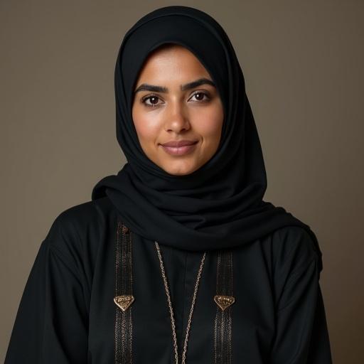 Portrait of a Muslim female teacher wearing traditional attire. She has almond-shaped dark brown eyes, thick eyebrows, dark skin, and full lips. The teacher appears confident and approachable, conveying a warm demeanor.