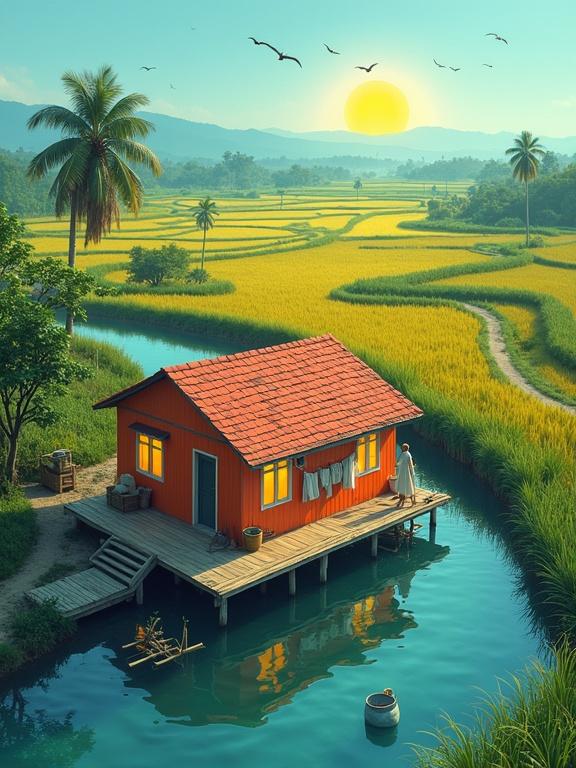 Vibrant scene featuring a traditional orange house on stilts beside a tranquil water body. Rice paddies in golden yellow stretch into the distance under a clear blue sky. A person in a light-colored dress stands on a wooden dock. Lush green trees and palm trees create a backdrop. The atmosphere is peaceful and inviting with birds flying overhead.