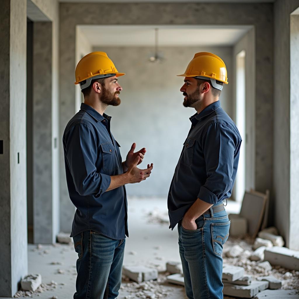 Two construction workers in hard hats are having a conversation inside a construction site. The space features concrete walls and a messy floor covered with debris.