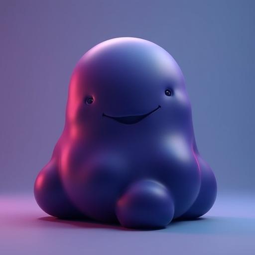 Smooth amorphous blob monster without legs or arms. Rounded blob shape with glossy texture. Dark purple and blue colors with subtle glowing highlights. Floating on a plain background. Simple clean digital art style.