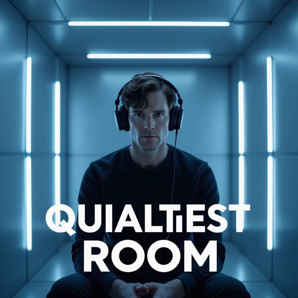 Quietest Room movie poster features Cillian Murphy in a soundproof steel chamber. Headphones on. Ambient LED lighting creates cold shadows. Minimalistic design with thin white sans serif font.