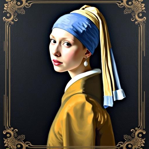 Transform Vermeer’s Girl with a Pearl Earring into an Art Nuvo style. Blend flowing lines and ornate patterns around the figure. Use a soft color palette to enhance the girl's serene expression and the elegance of her clothing.