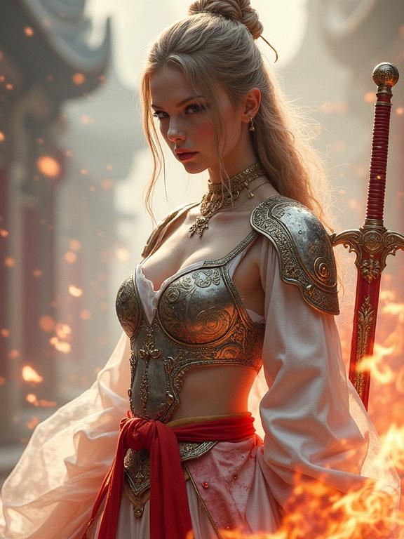Ultra-realistic portrait of a Three Kingdoms warrior with modern haute couture elements. Features reinvented Han dynasty breastplate and white dress. Displays a battle-damaged underrobe and thigh-high boots. Includes a glowing guqin sword and flaming battle elements. Portrays a sensual blend of armor and flowing fabrics with a dramatic pose.