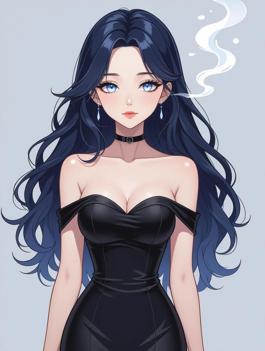 Full body shot of an ethereal woman in anime style with slender figure and long wavy black hair. She has light blue eyes and a slightly parted mouth with white smoke drifting upwards. Wearing a black strapless gown with a black choker. Pale hands near face with long black nails. Aesthetic is mysterious and melancholic with focus on smooth shading. Digital art with high resolution and transparent background.
