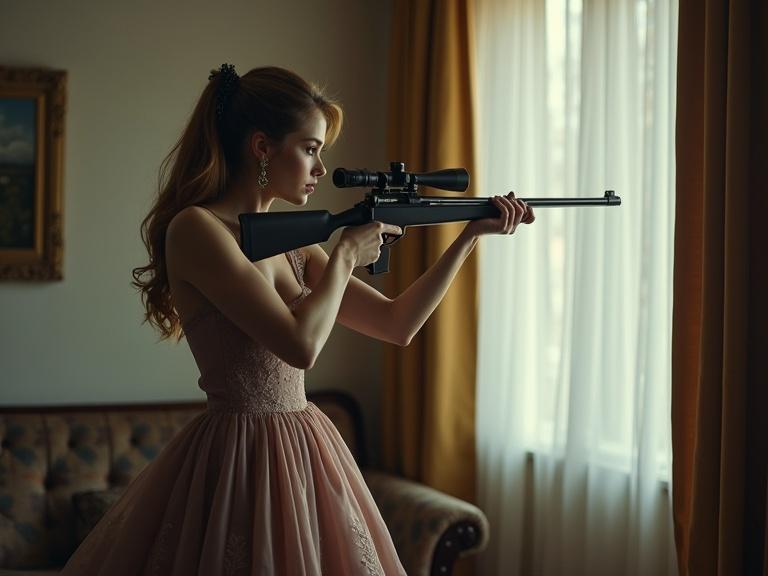 Young woman in elegant dress aiming a sniper rifle out of a window. Captured in dramatic cinematic style with a professional perspective. Soft light illuminates the scene.