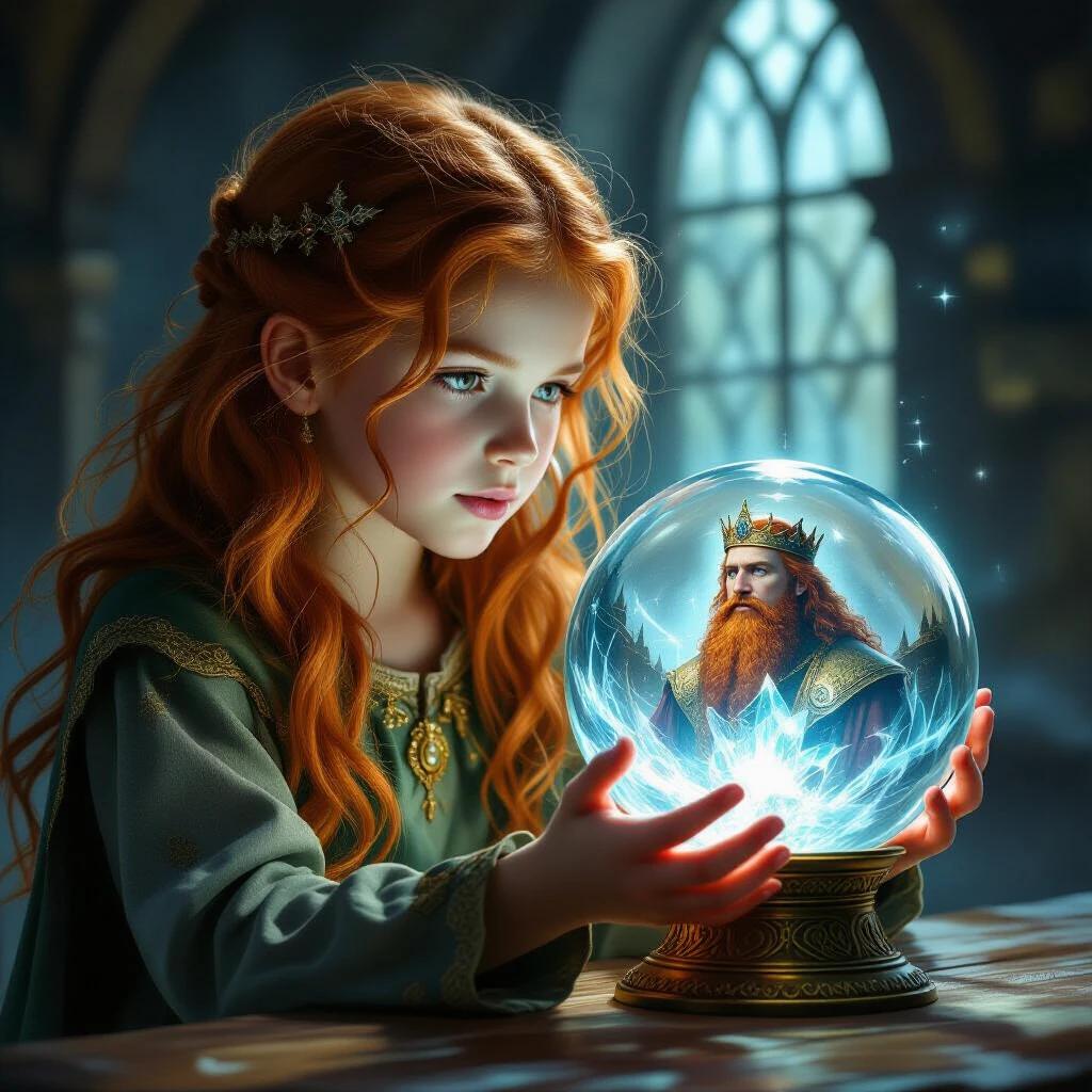 A young girl with red hair gazes at a crystal ball. The ball shows an image of her father, the king. The setting is a medieval fantasy world. The scene is enchanted and magical.