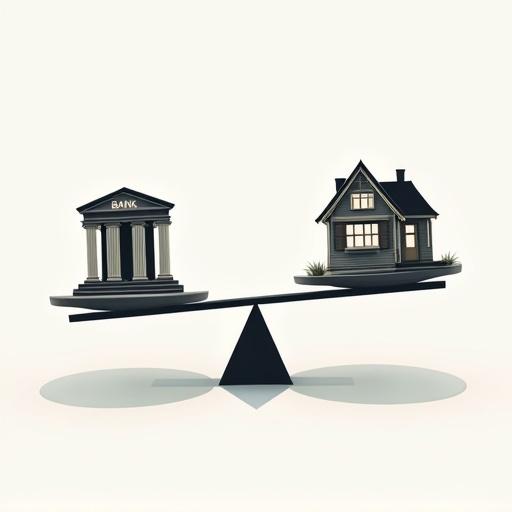 Digital illustration of a balanced scale tilted. On the left, a modern bank building with 'BANK' text lifted high. On the right, a large Victorian-style house dragging the scale down. Shadows emphasize the weight distribution. Scale beam tilting toward the house. Clean, modern style with minimalist background.