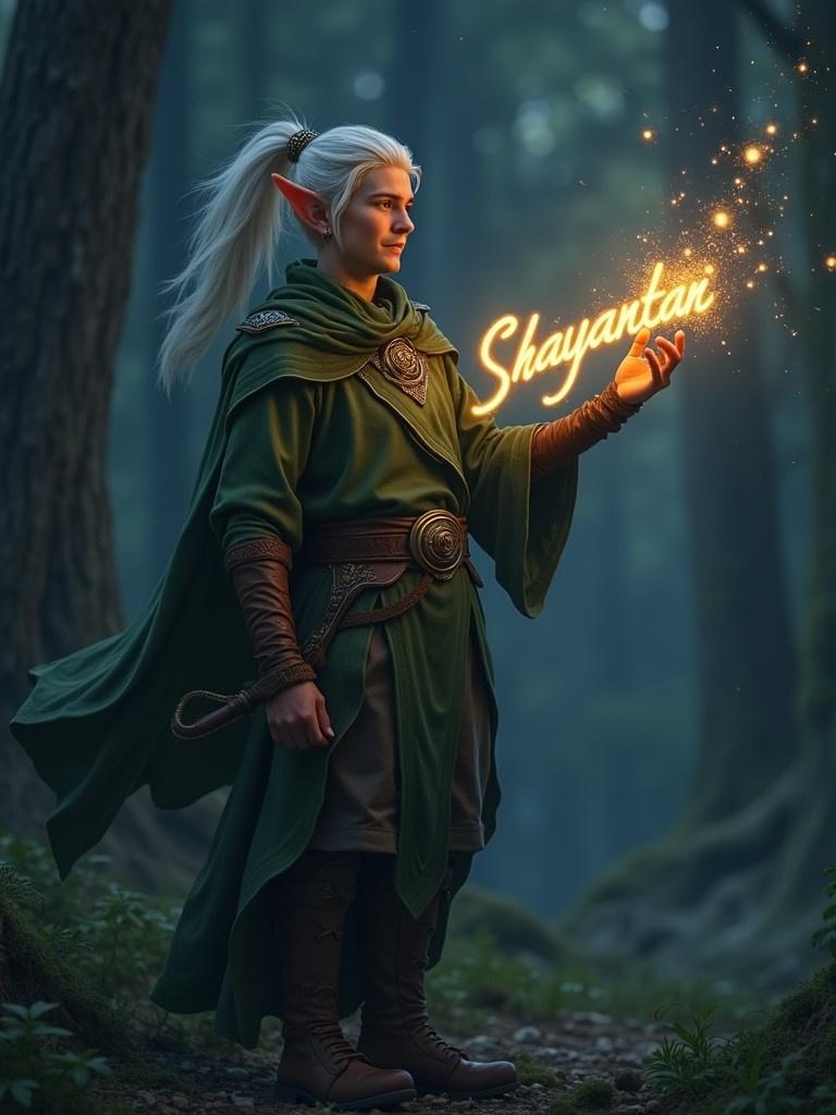 Male Elf character holding a magical wand. Wand creates a glowing name Shayantan. Set in a mystical forest. Character wears a green cloak with intricate designs. Soft lighting enhances magical atmosphere. Forest background shows tall trees and soft moss.