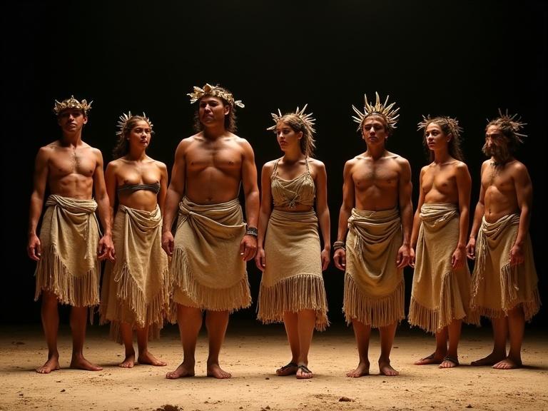 A group of dancers representing ancient Maya culture. Five women and four men in warrior-style costumes. Made from natural fabrics like cotton and jute. Dancers wear beige skirt wraps with handwoven belts. Men are bare-chested. Women have bandeau tops. Accessories include shoulder bands and handmade sandals. Headpieces from dry leaves and rope. Aesthetic is raw and grounded for a ceremonial stage. Lighting is warm and dim with earthy tones. Bodies are unpainted.